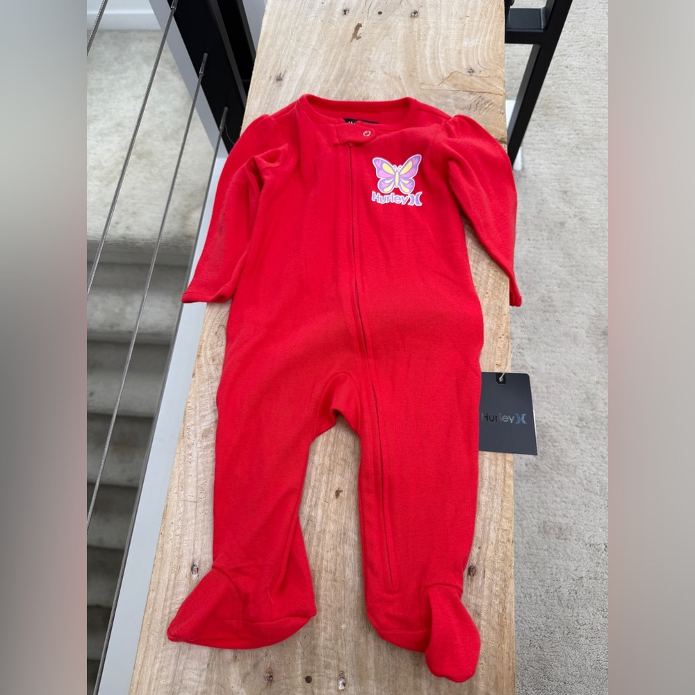 Hurley Baby Sleeper w/ Butterfly Logo Red Footie Pajamas Cozy Kids | NWT Size 6M